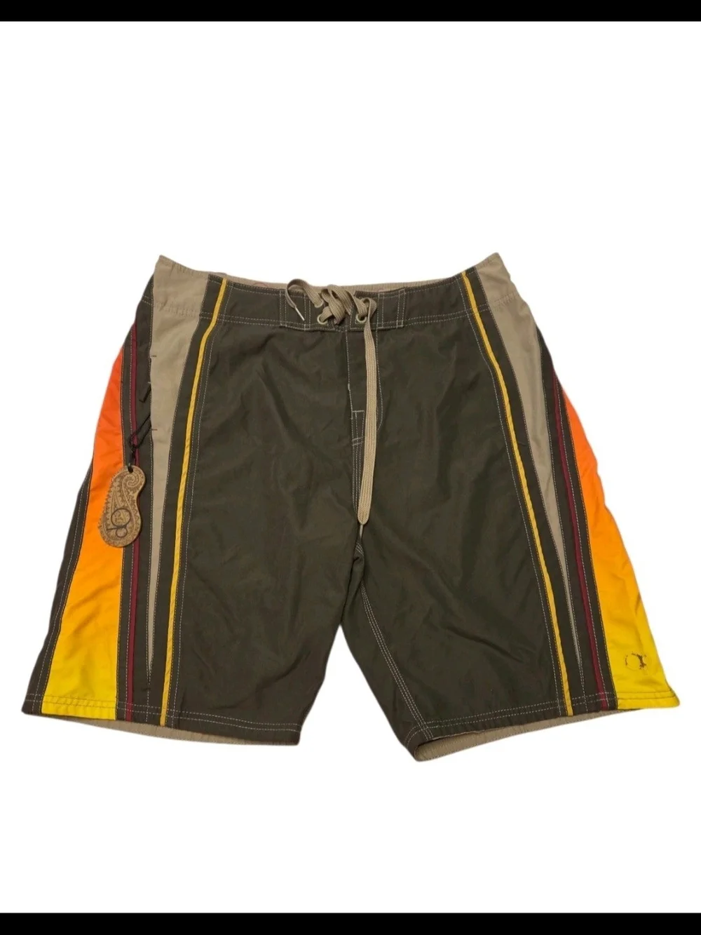 Y2K OP Men's Olive Swim Board Shorts with Yellow and Orange Gradient Panels